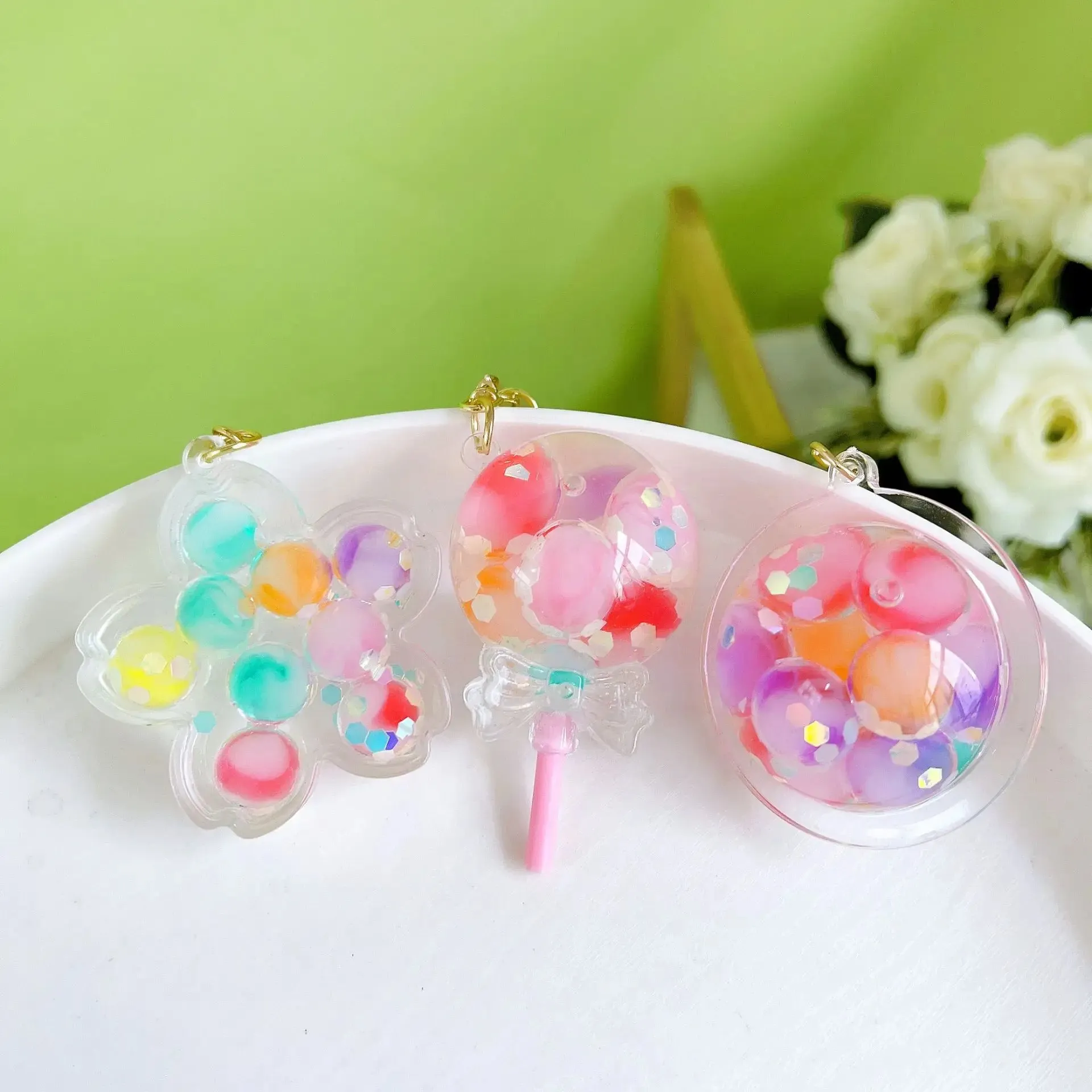 ✨ Adorable Luminous Bubble Beads Keychain 🍬 Cute Quicksand Cherry Blossom Lollipop Pendant for Trendy Bags 🎀 Perfect Gift for All!