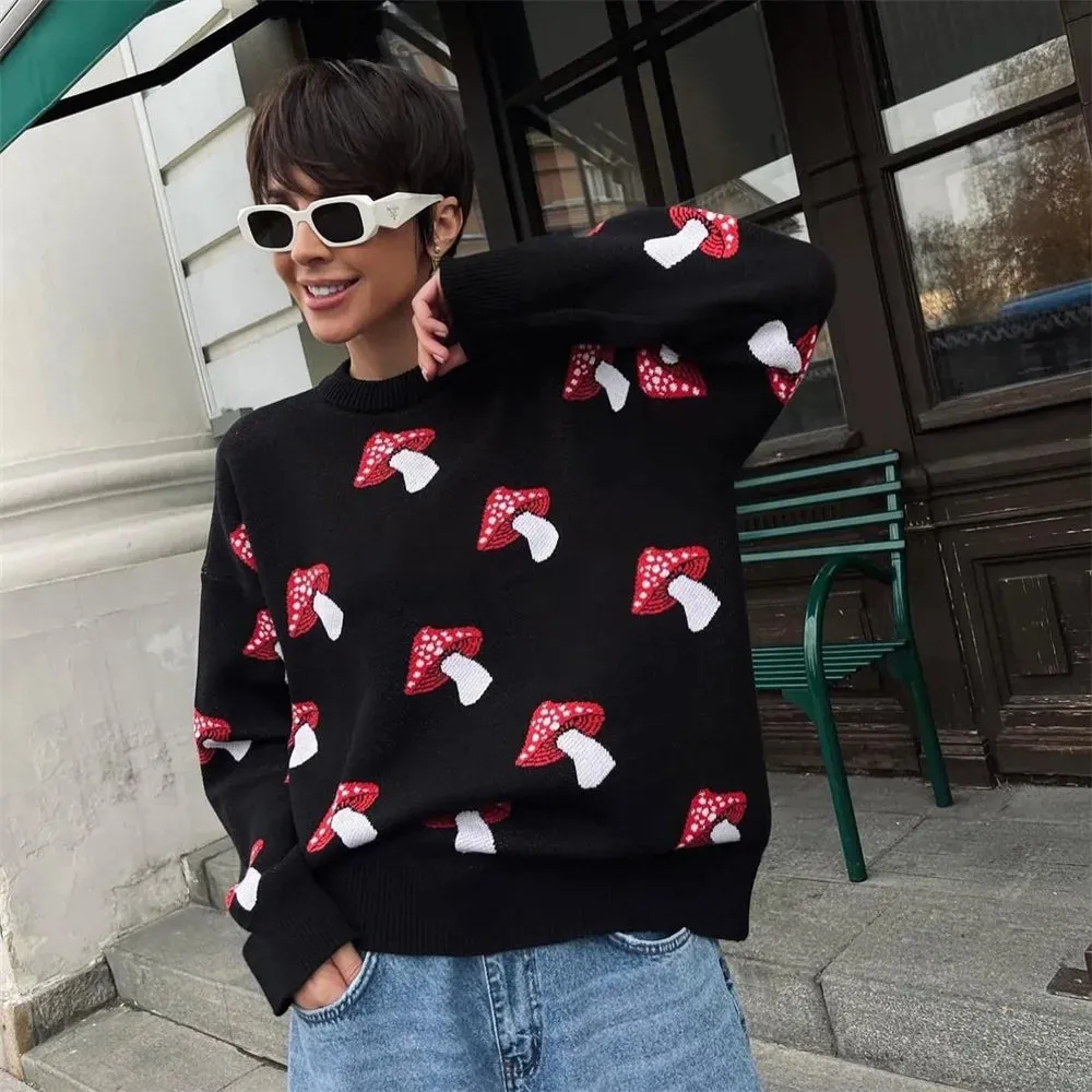 2025 Women's Fashion – Mushroom Graphic Print Long Sleeve Plus Size Sweater