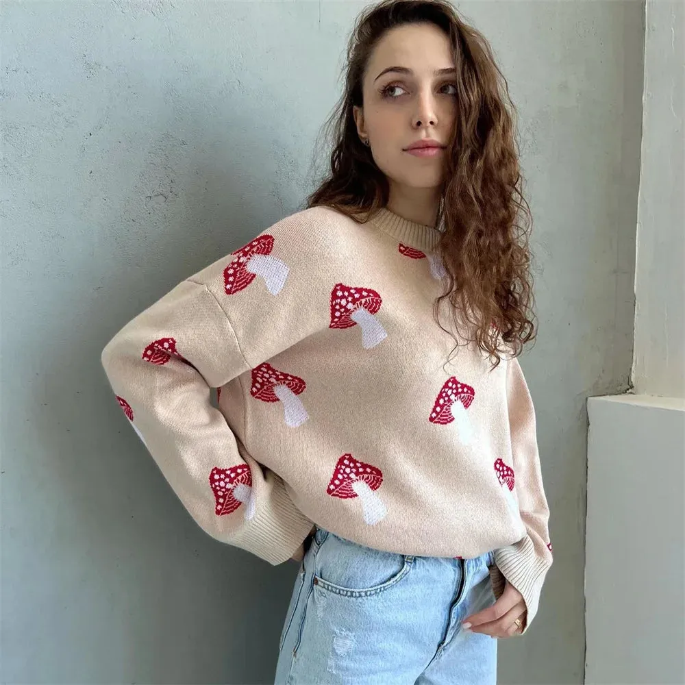 2025 Women's Fashion – Mushroom Graphic Print Long Sleeve Plus Size Sweater