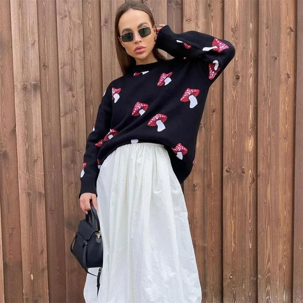 2025 Women's Fashion – Mushroom Graphic Print Long Sleeve Plus Size Sweater