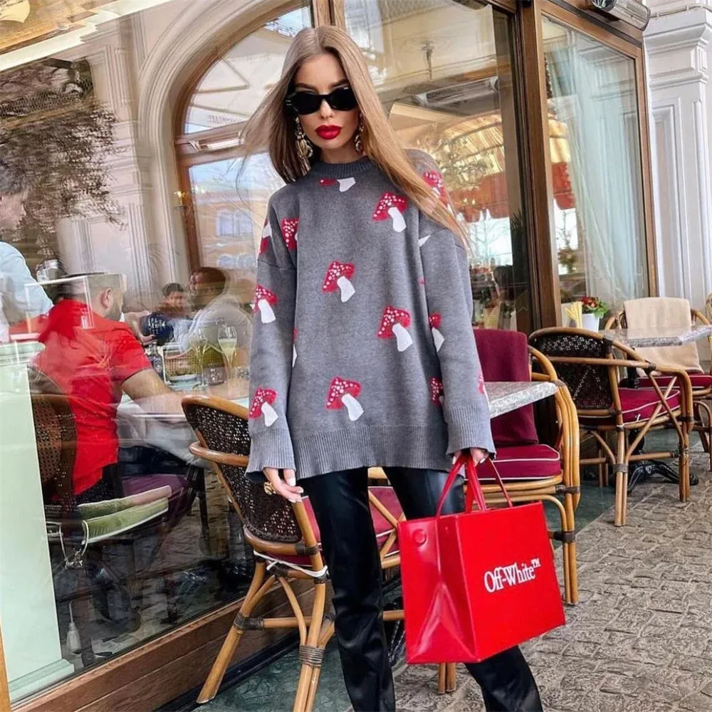 2025 Women's Fashion – Mushroom Graphic Print Long Sleeve Plus Size Sweater