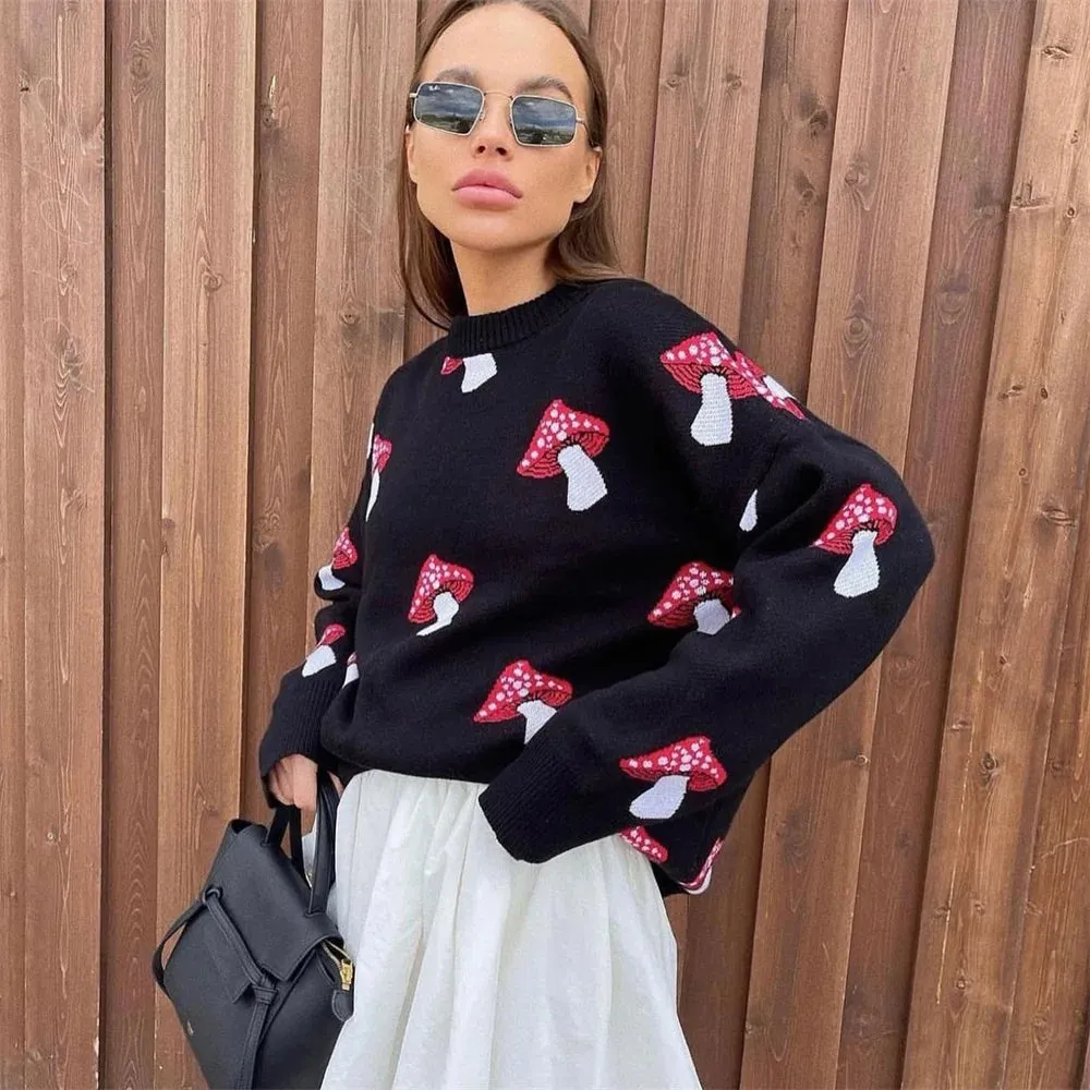 2025 Women's Fashion – Mushroom Graphic Print Long Sleeve Plus Size Sweater