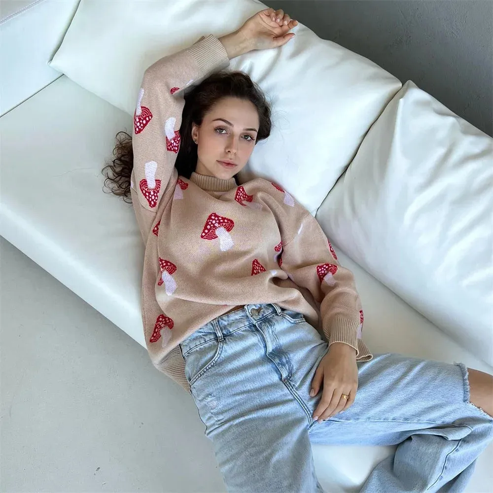 2025 Women's Fashion – Mushroom Graphic Print Long Sleeve Plus Size Sweater
