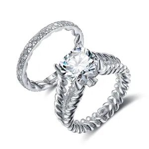 925 Sterling Silver Double Rope & Band Ring Set with 10mm 3.5 CT Cubic Zirconia, Jewelry Gifts for Women