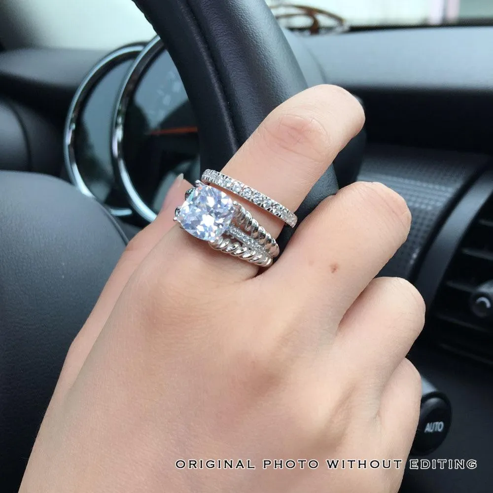 925 Sterling Silver Double Rope & Band Ring Set with 10mm 3.5 CT Cubic Zirconia, Jewelry Gifts for Women