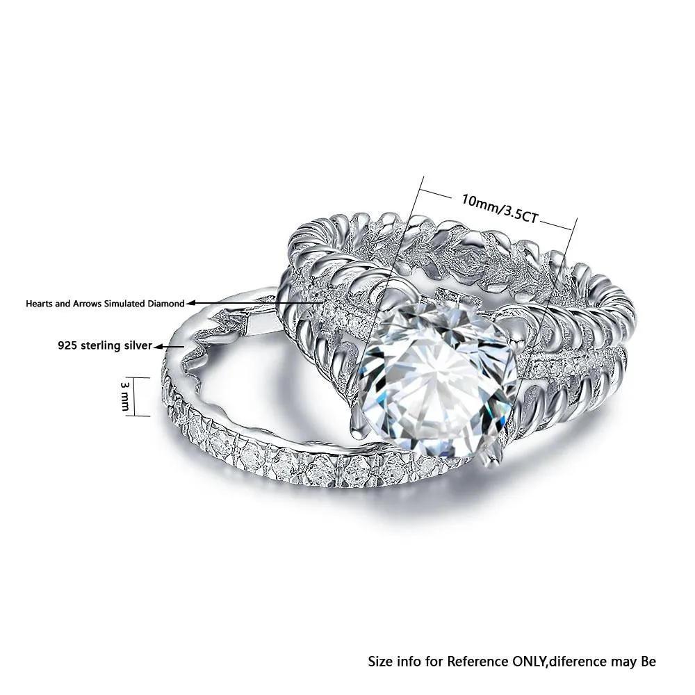 925 Sterling Silver Double Rope & Band Ring Set with 10mm 3.5 CT Cubic Zirconia, Jewelry Gifts for Women