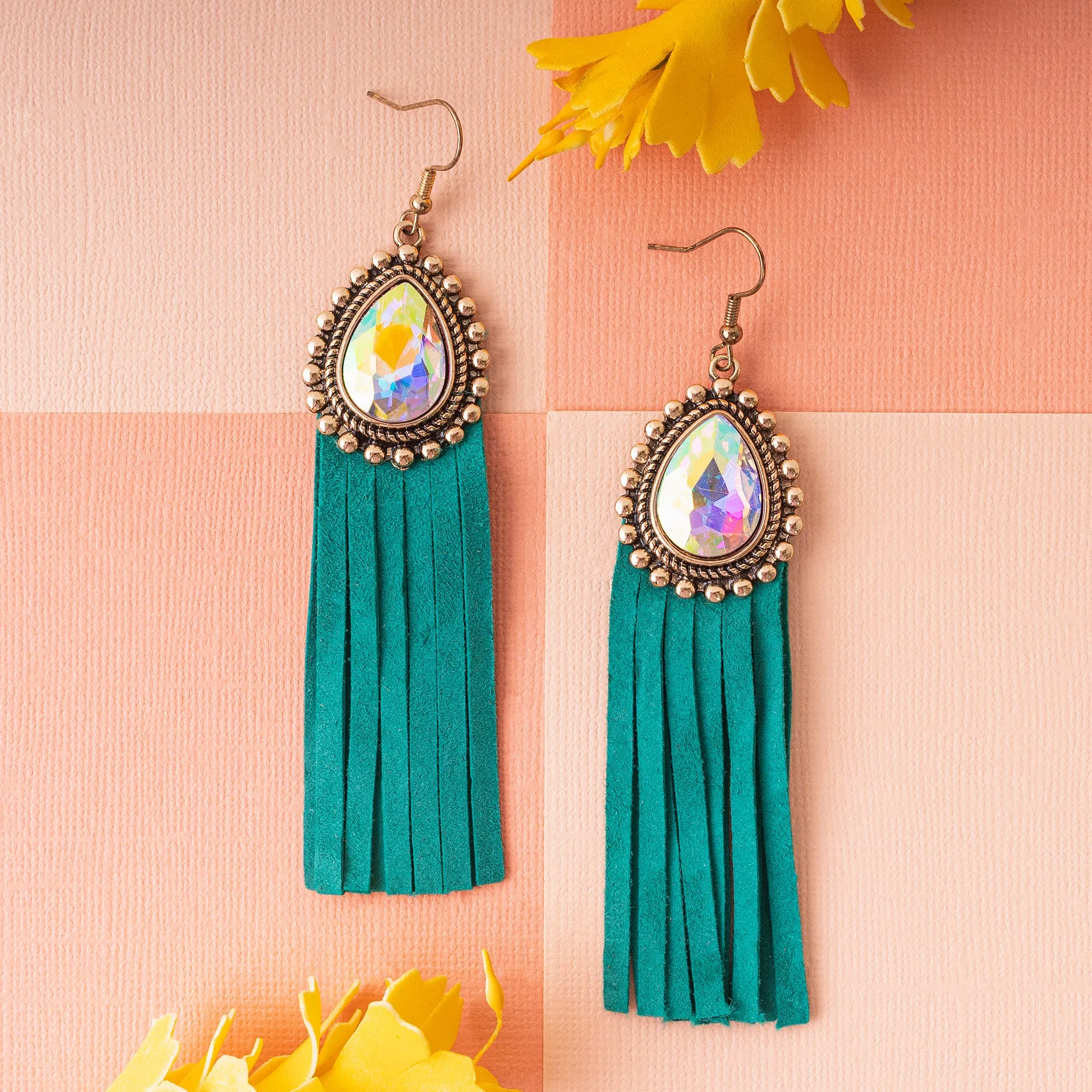 93019 - Rhinestone Tassel Earrings - Turquoise