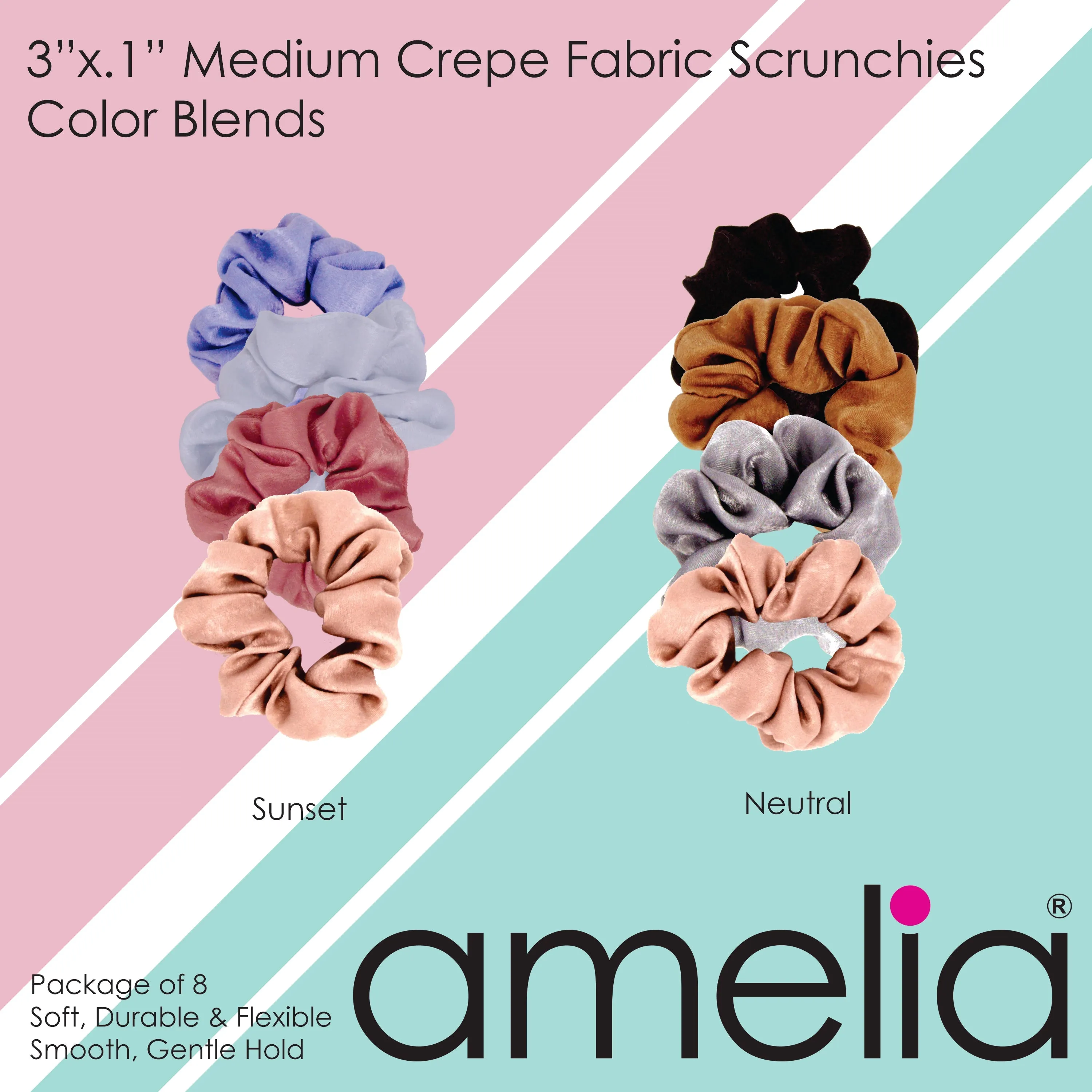 Amelia Beauty | 3in Blue Crepe Scrunchies | Soft, Gentle and Strong Hold | No Snag, No Dents or Creases | 8 Pack