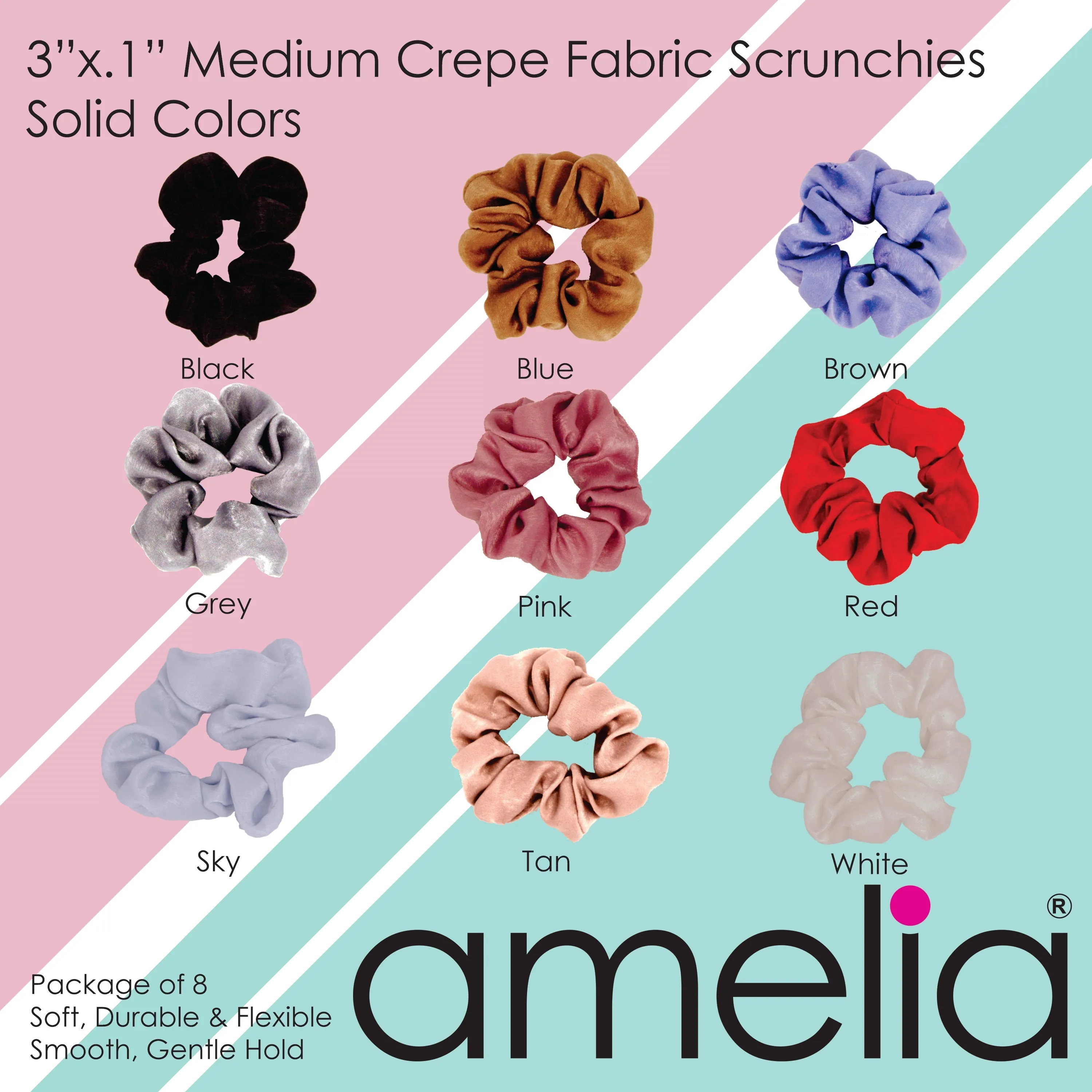 Amelia Beauty | 3in Blue Crepe Scrunchies | Soft, Gentle and Strong Hold | No Snag, No Dents or Creases | 8 Pack