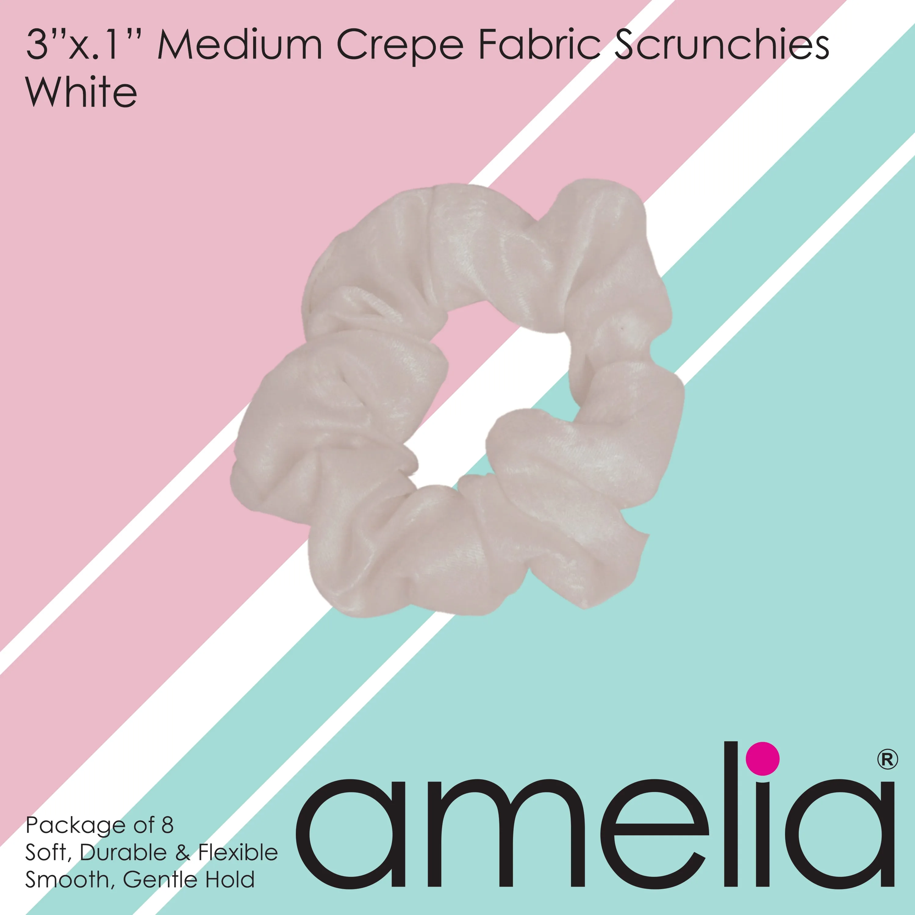 Amelia Beauty | 3in White Crepe Scrunchies | Soft, Gentle and Strong Hold | No Snag, No Dents or Creases | 8 Pack