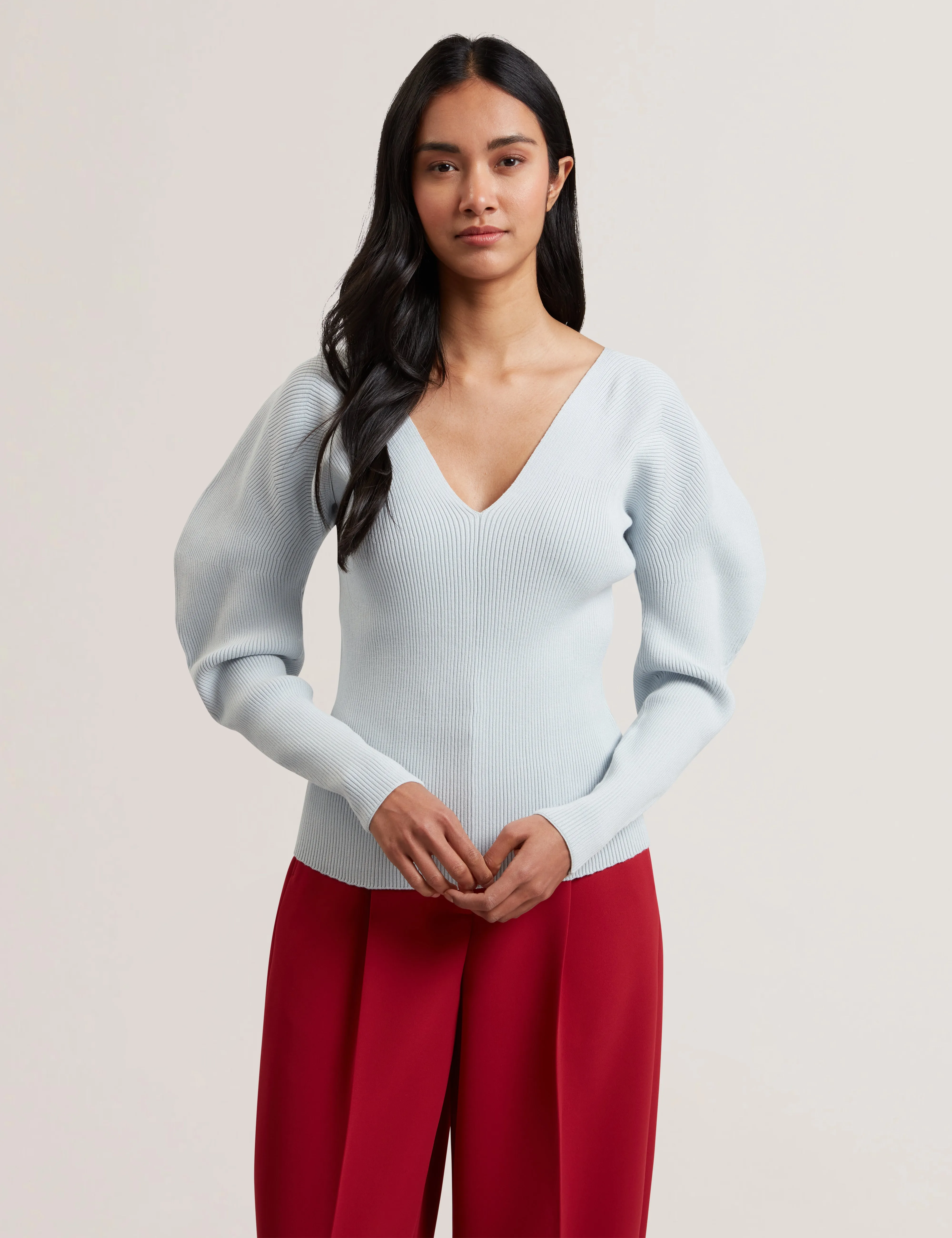 Amelyaa Ribbed Sculpted Sleeve Sweater Pl-Blue