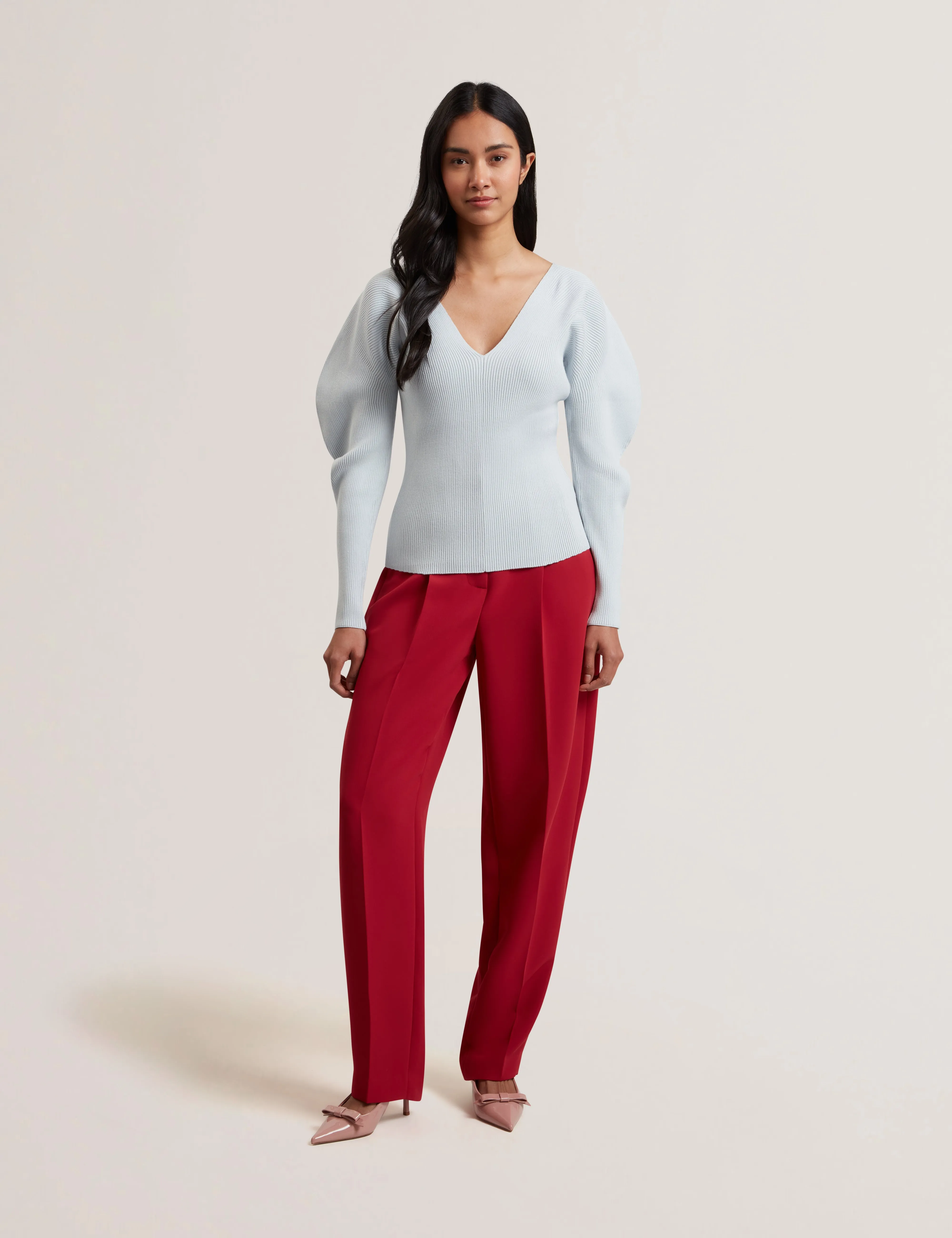 Amelyaa Ribbed Sculpted Sleeve Sweater Pl-Blue