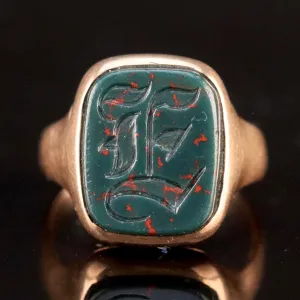 Antique 1894 bloodstone E signet in yellow gold