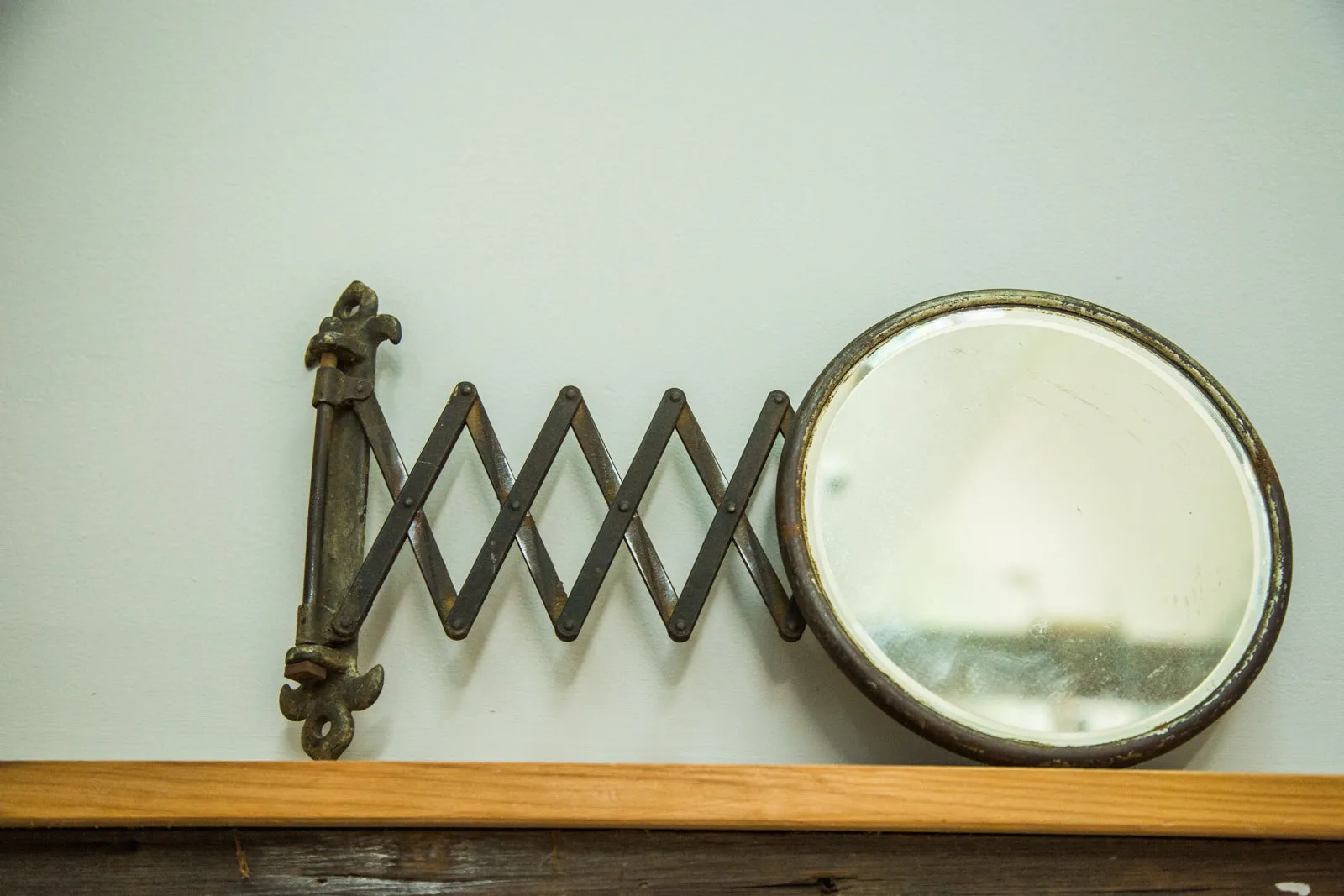 Antique Beveled Glass Fleur de Lis Accordion Shaving Mirror