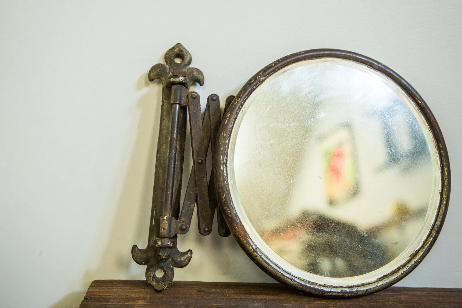 Antique Beveled Glass Fleur de Lis Accordion Shaving Mirror