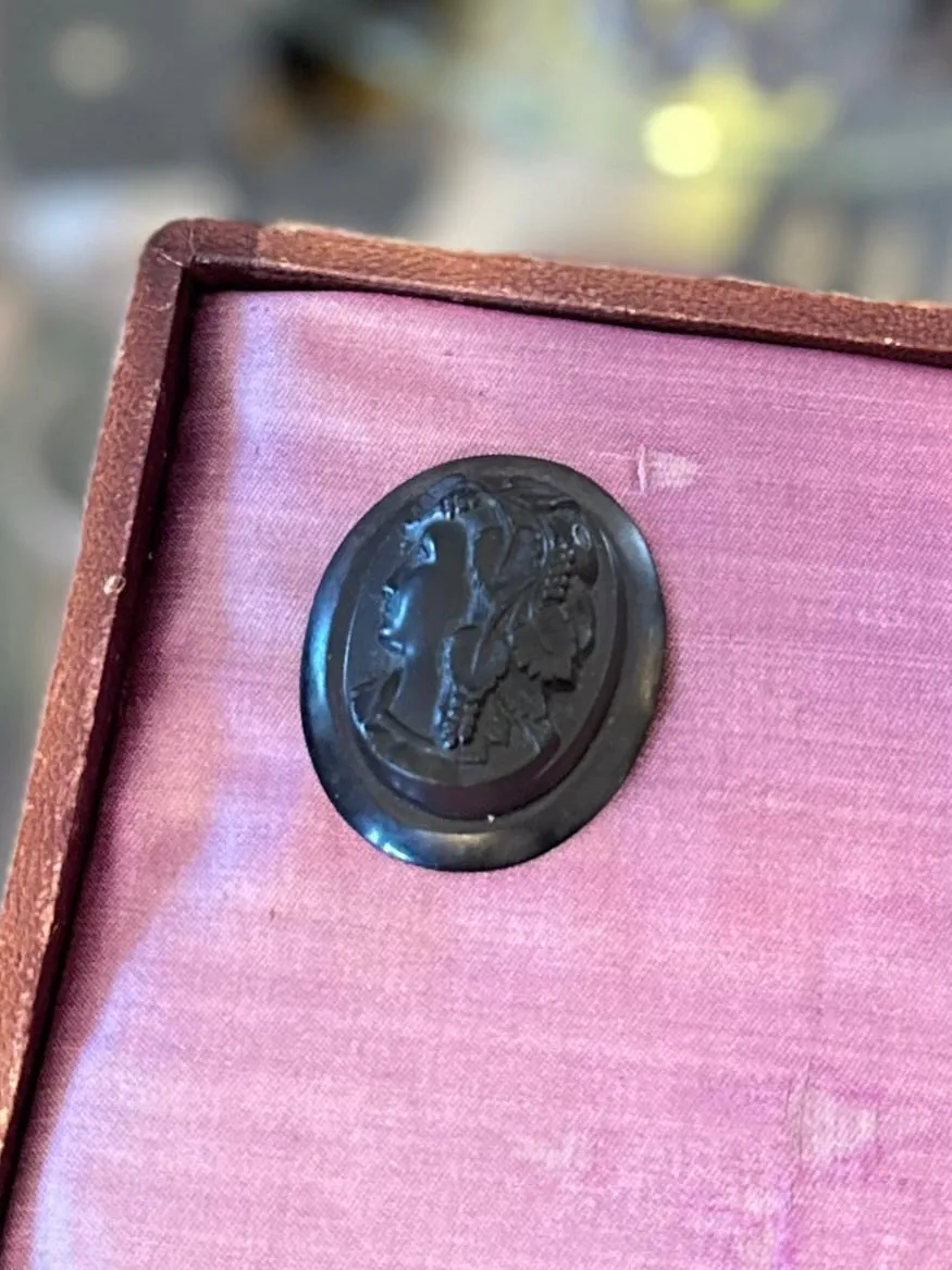 Antique Carved Whitby Jet Cameo Pin Victorian Mourning Brooch Facing Left