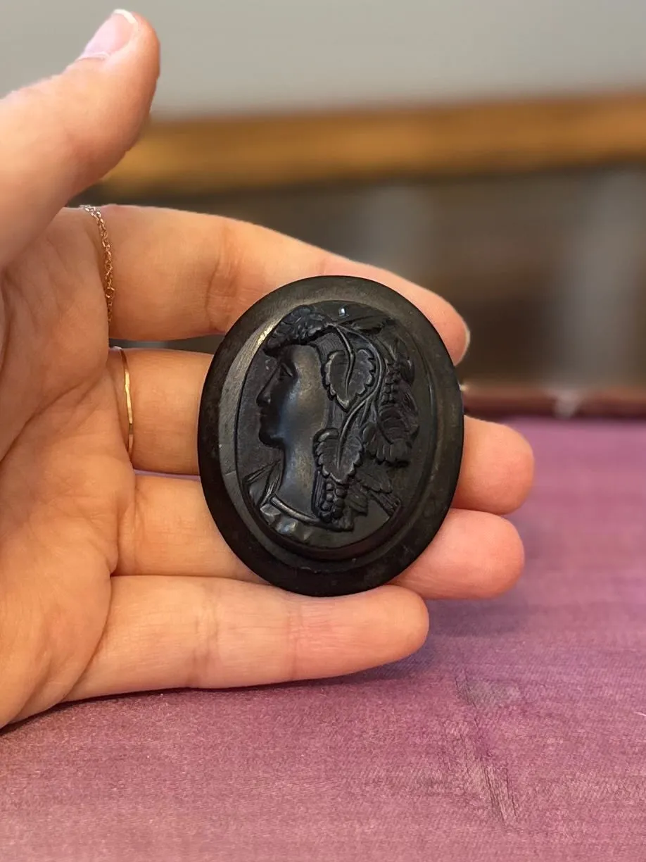 Antique Carved Whitby Jet Cameo Pin Victorian Mourning Brooch Facing Left