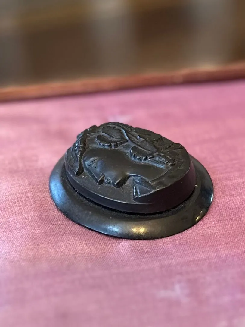 Antique Carved Whitby Jet Cameo Pin Victorian Mourning Brooch Facing Left