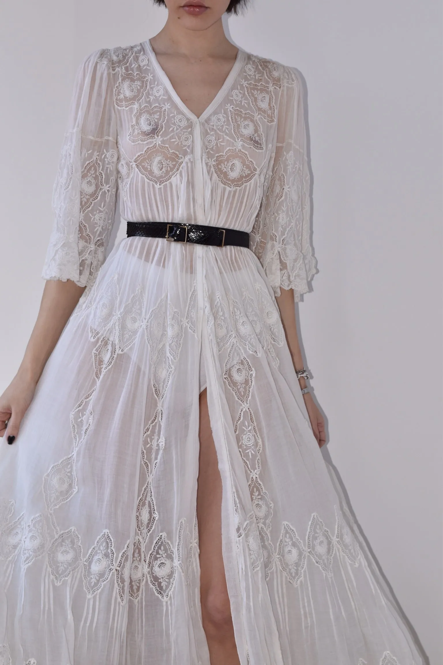 Antique Early 1900’s White French Negligee with Hand Embroidered Silk Lace on Cotton Body