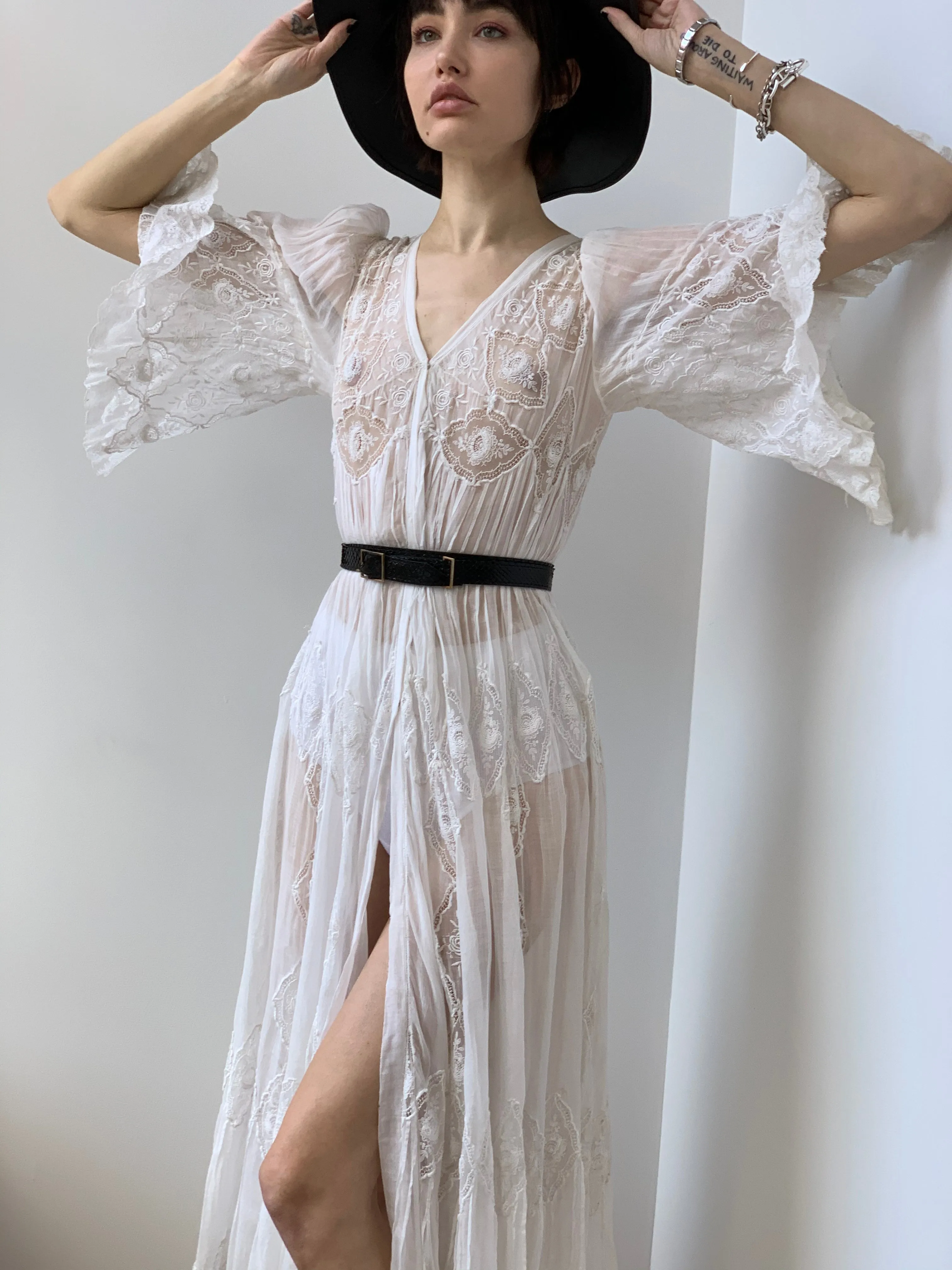 Antique Early 1900’s White French Negligee with Hand Embroidered Silk Lace on Cotton Body
