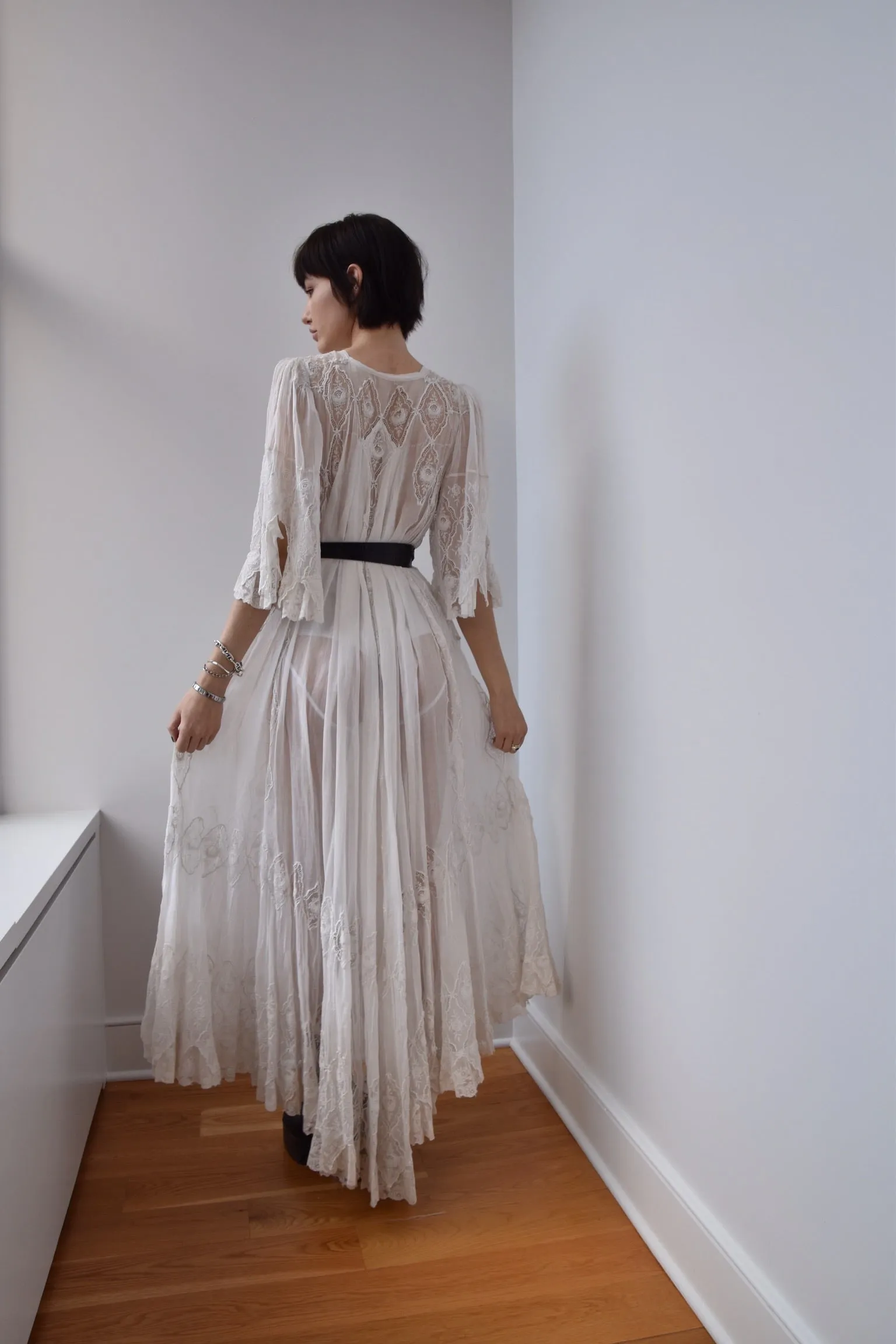Antique Early 1900’s White French Negligee with Hand Embroidered Silk Lace on Cotton Body
