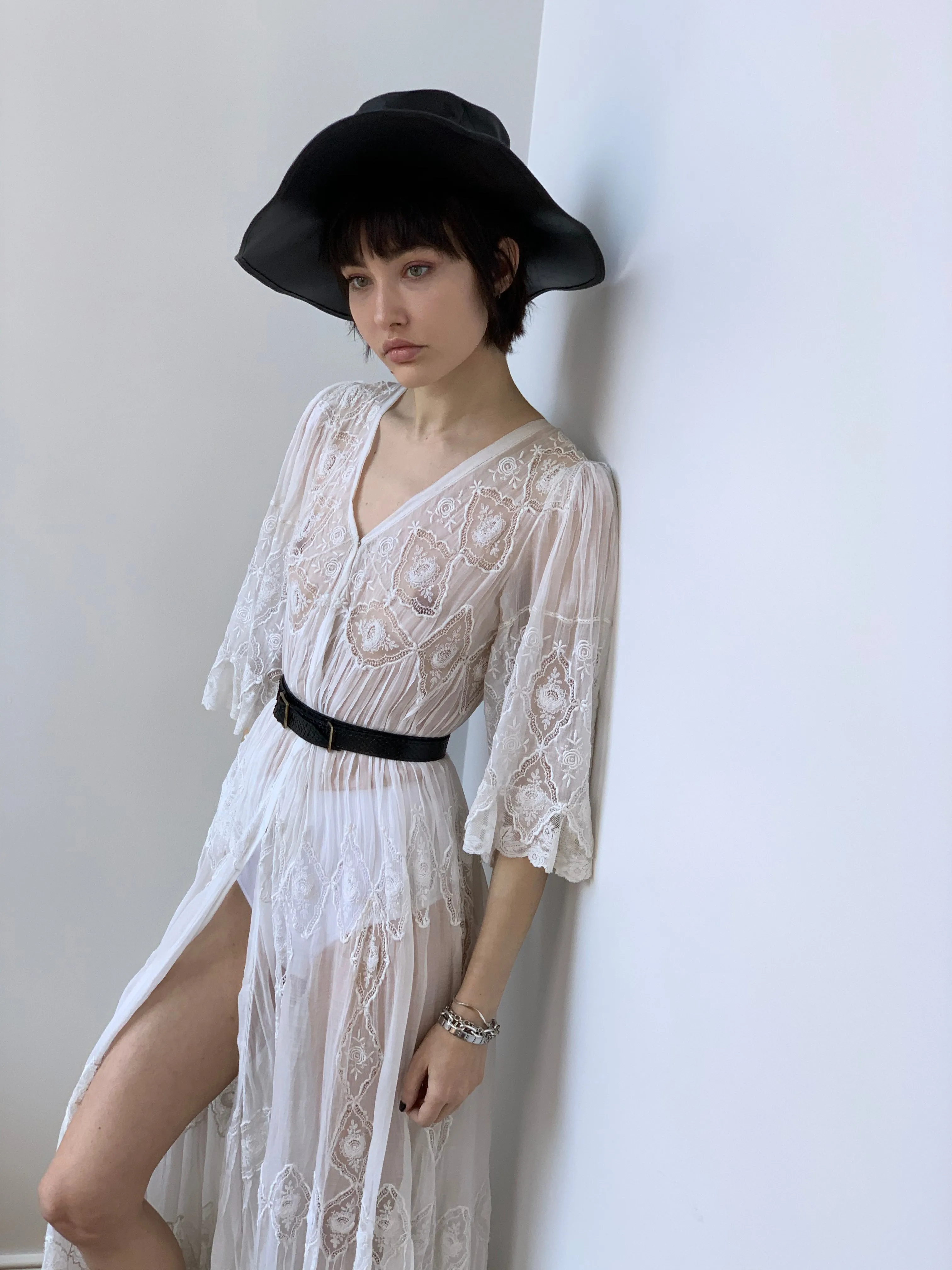 Antique Early 1900’s White French Negligee with Hand Embroidered Silk Lace on Cotton Body