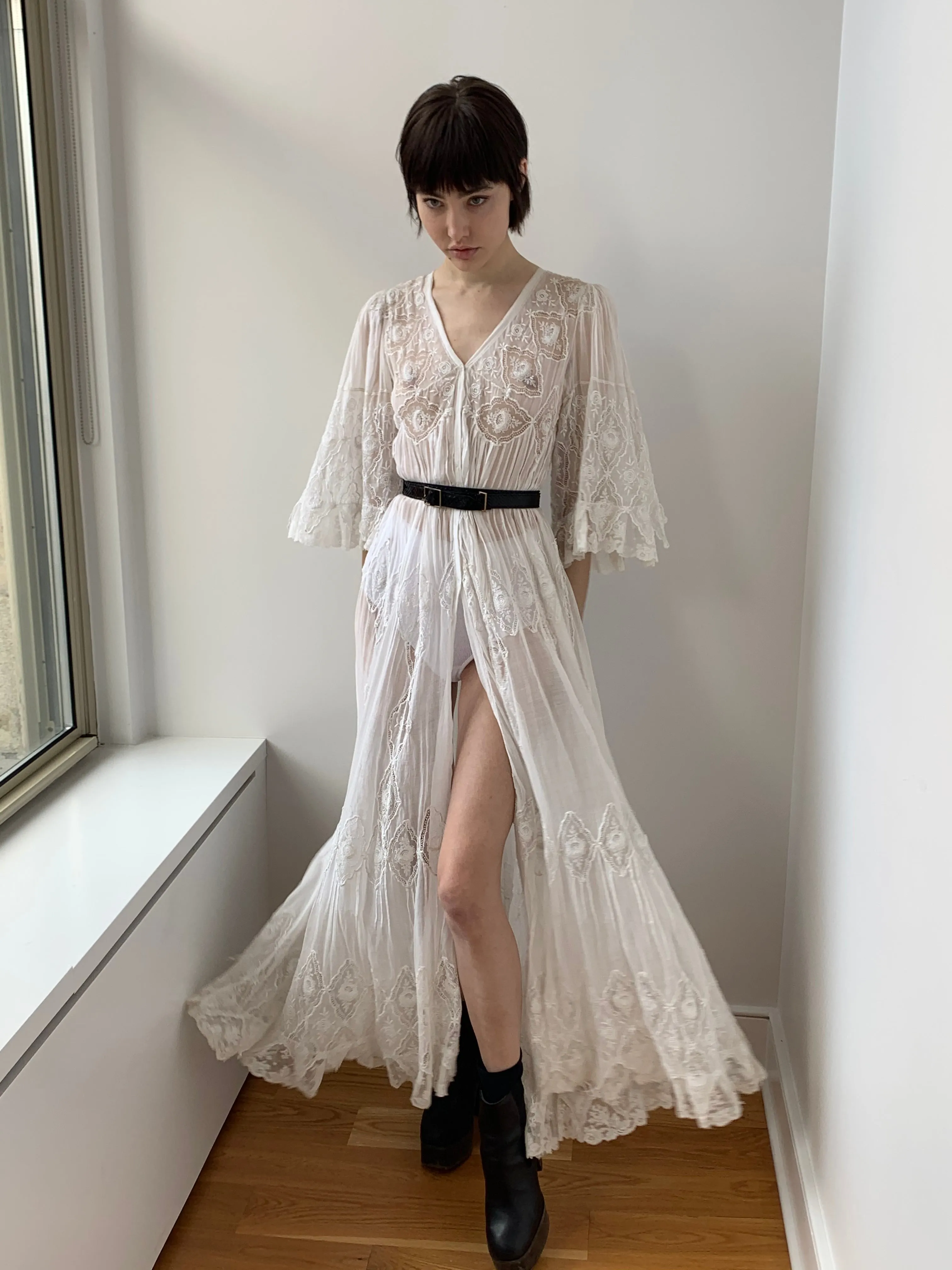 Antique Early 1900’s White French Negligee with Hand Embroidered Silk Lace on Cotton Body