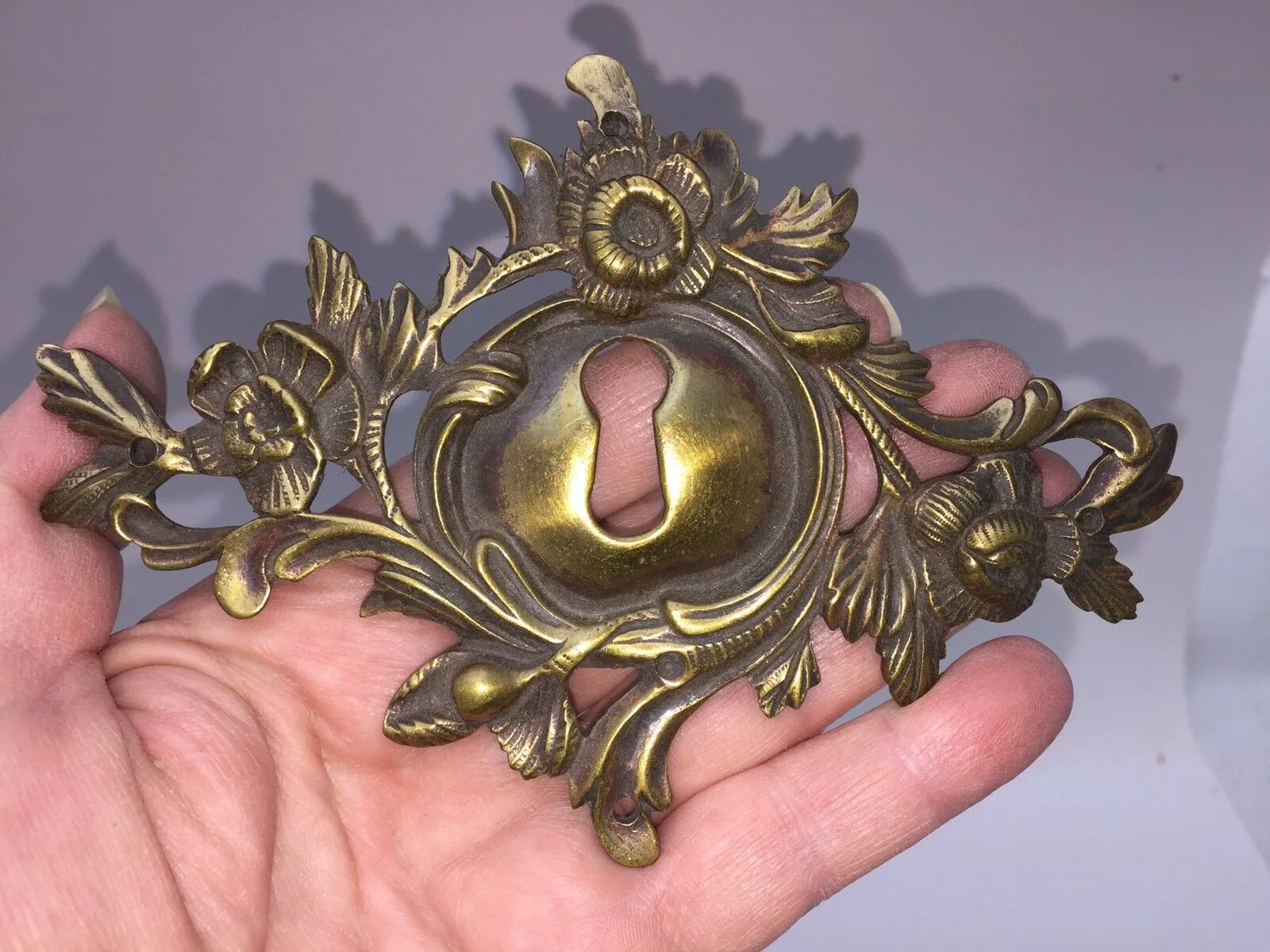 Antique French Cabinet Key Plate Cover Floral Motif Solid Bronze 5 1/8" X3 5/8"
