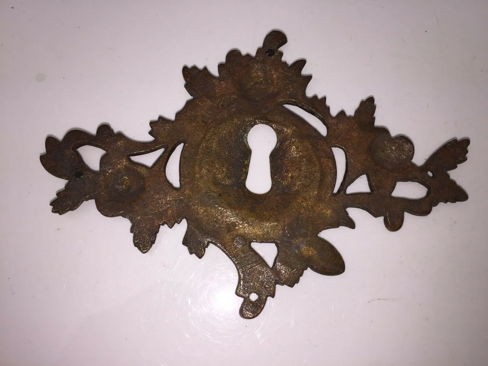 Antique French Cabinet Key Plate Cover Floral Motif Solid Bronze 5 1/8" X3 5/8"
