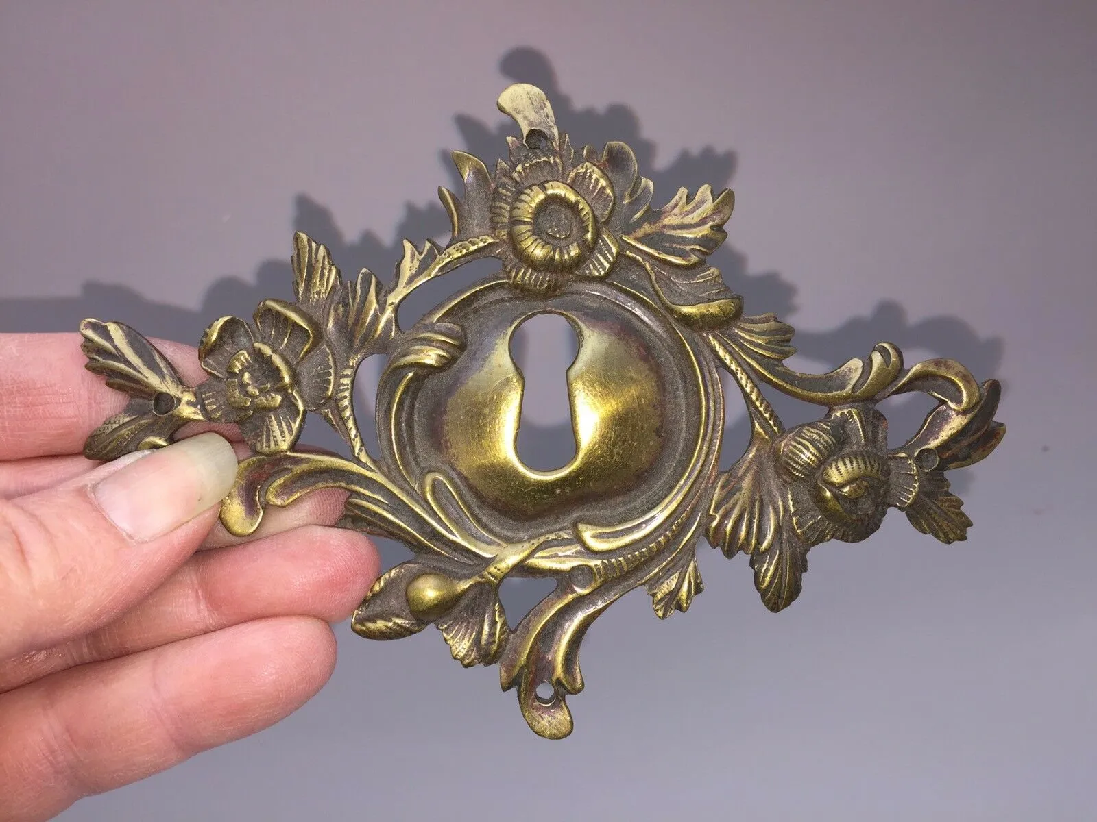 Antique French Cabinet Key Plate Cover Floral Motif Solid Bronze 5 1/8" X3 5/8"