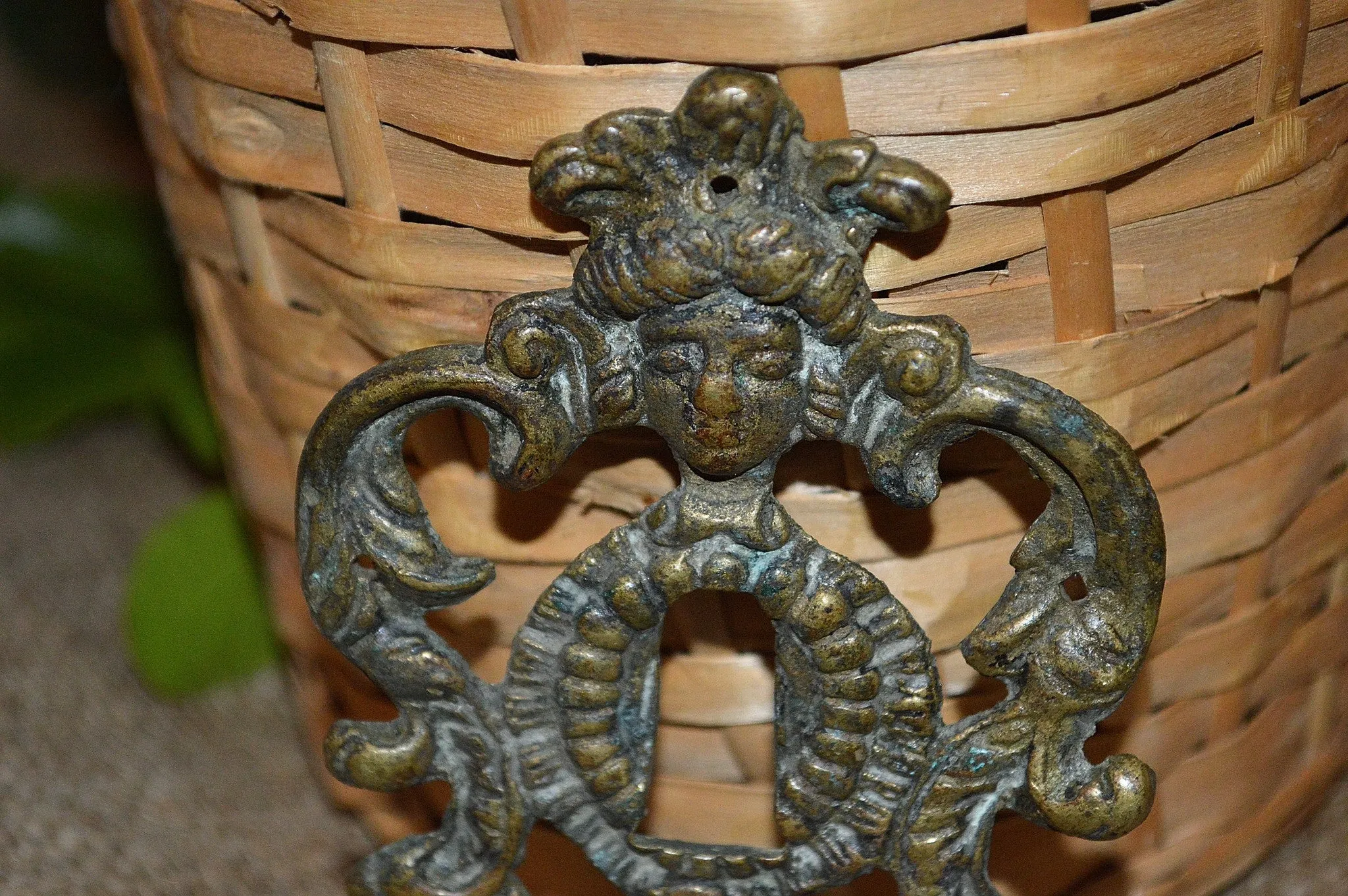 Antique French Escutcheon Bronze Figural Female Keyhole Hardware