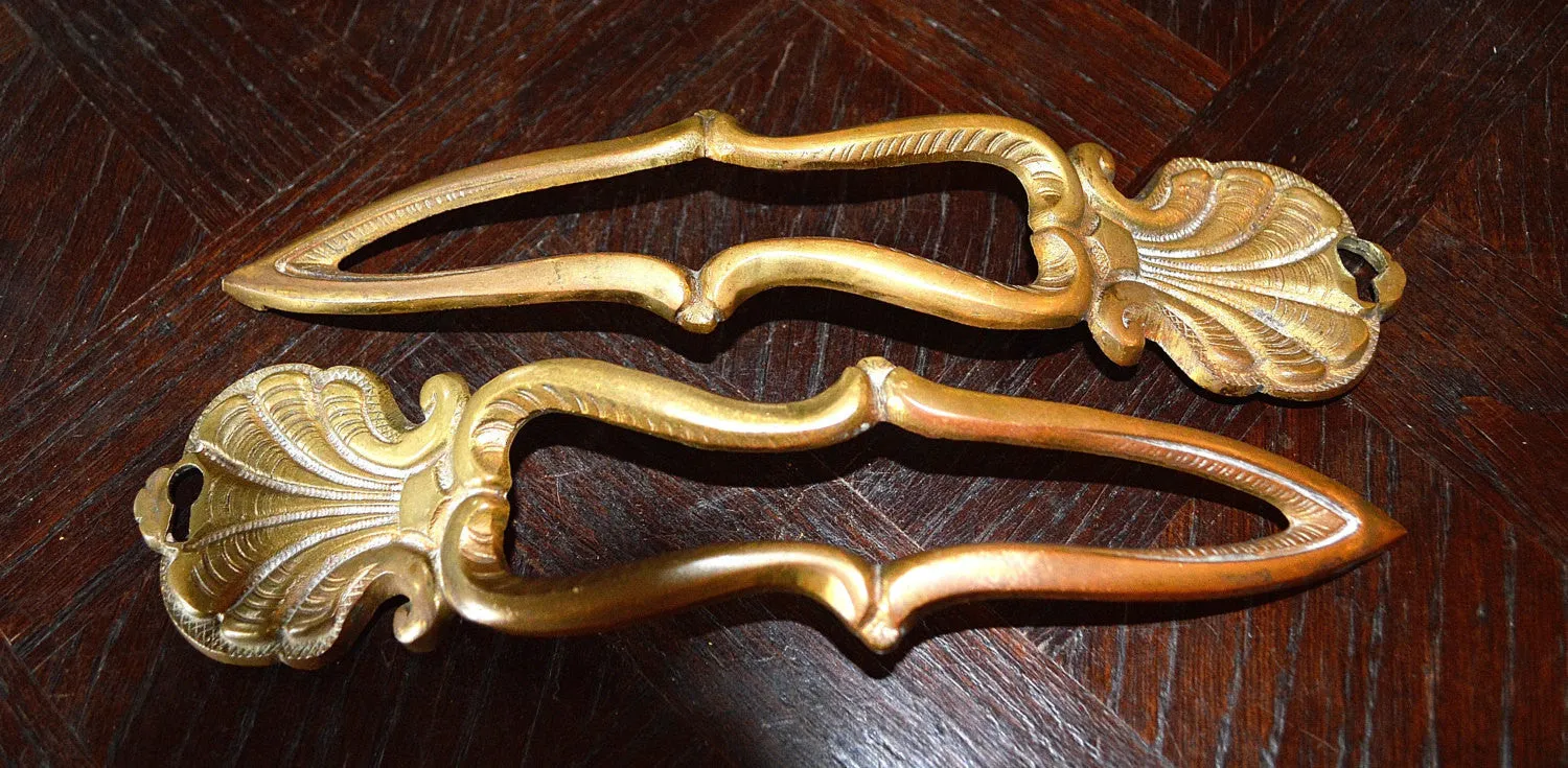 Antique Pair French Door Handles Escutcheon Shell Design Hardware