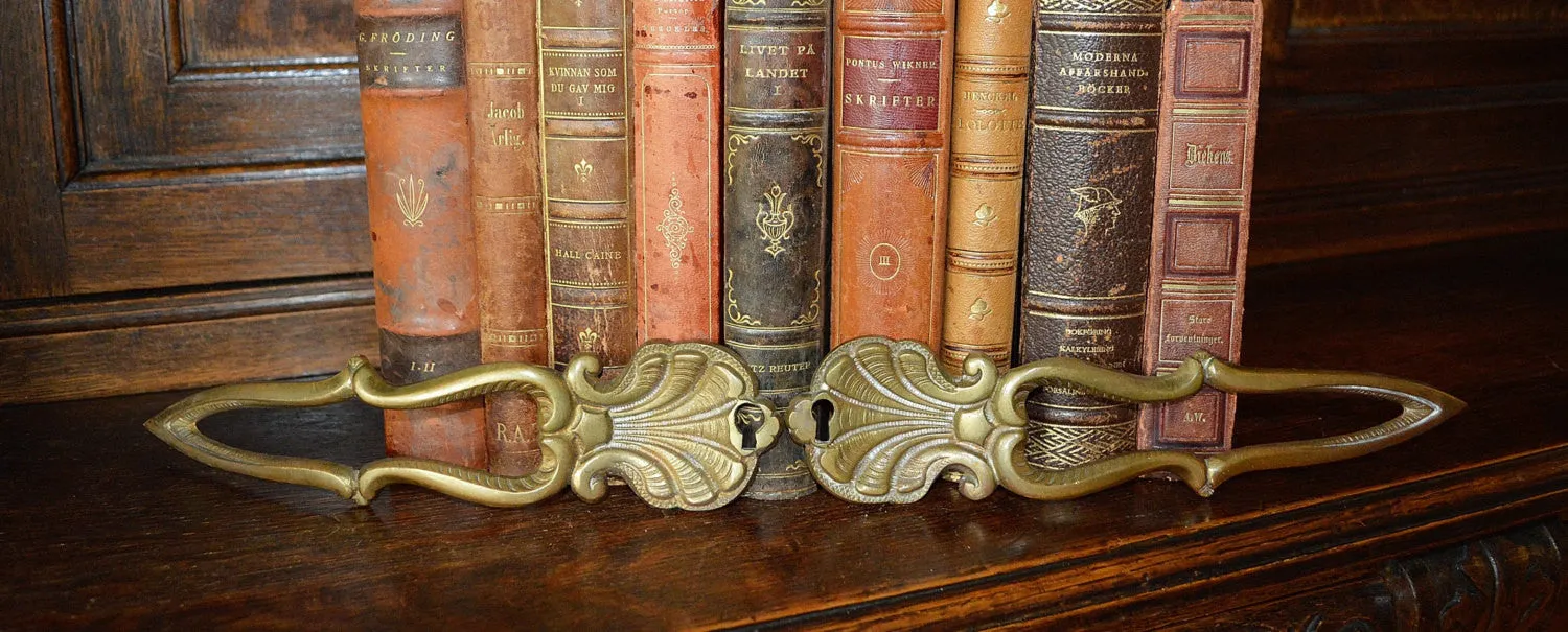 Antique Pair French Door Handles Escutcheon Shell Design Hardware