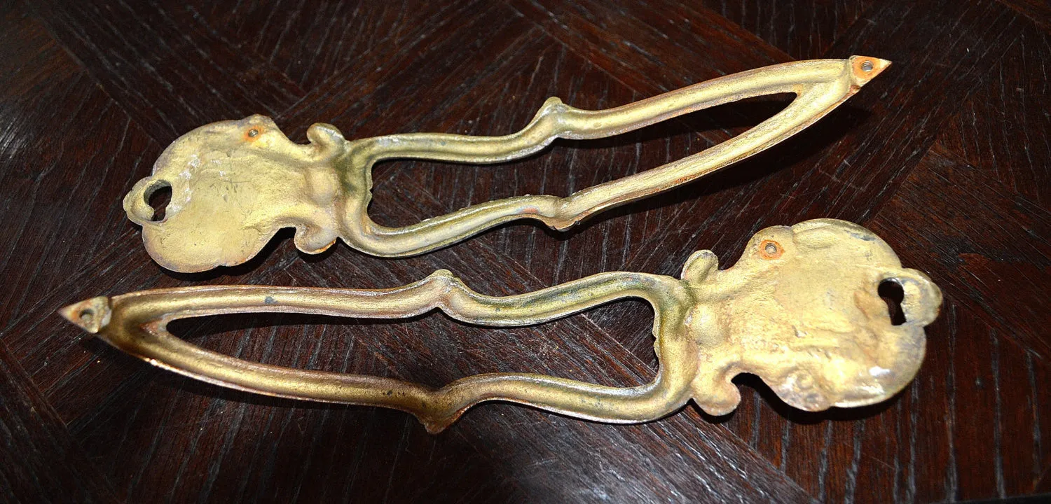 Antique Pair French Door Handles Escutcheon Shell Design Hardware