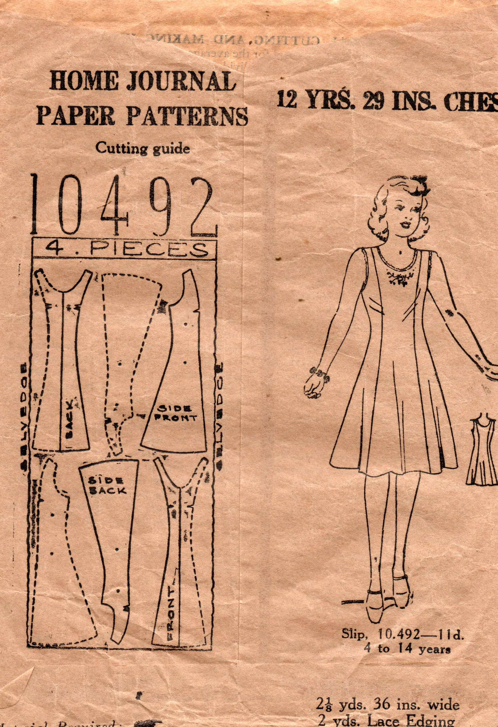 Australian Home Journal 10492 Teen Girls Princess Slip Petticoat 1950s Vintage Sewing Pattern Size 12 Bust 29 inches