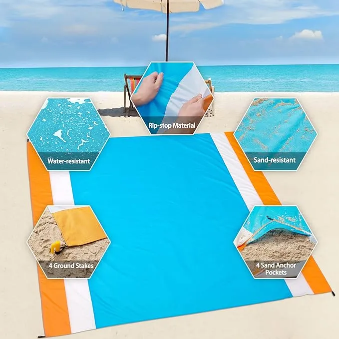 Beach Blanket Waterproof Sandproof Beach Mat 79" X 83" /10'x9'for 2-8 Adults Quick Drying Outdoor Picnic Mat Beach Accessories for Travel, Camping, Hiking