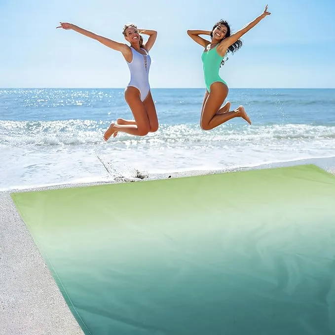 Beach Blanket Waterproof Sandproof, Large Beach Picnic Blankets Foldable Sand Free, Beach Mat Windproof w/Stakes and Corner Pocket for Outdoor, Travel, Camping, Hiking, Beach Essentials-Green Gradient