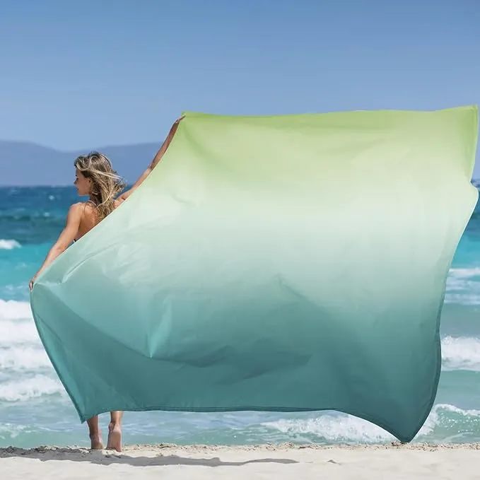 Beach Blanket Waterproof Sandproof, Large Beach Picnic Blankets Foldable Sand Free, Beach Mat Windproof w/Stakes and Corner Pocket for Outdoor, Travel, Camping, Hiking, Beach Essentials-Green Gradient
