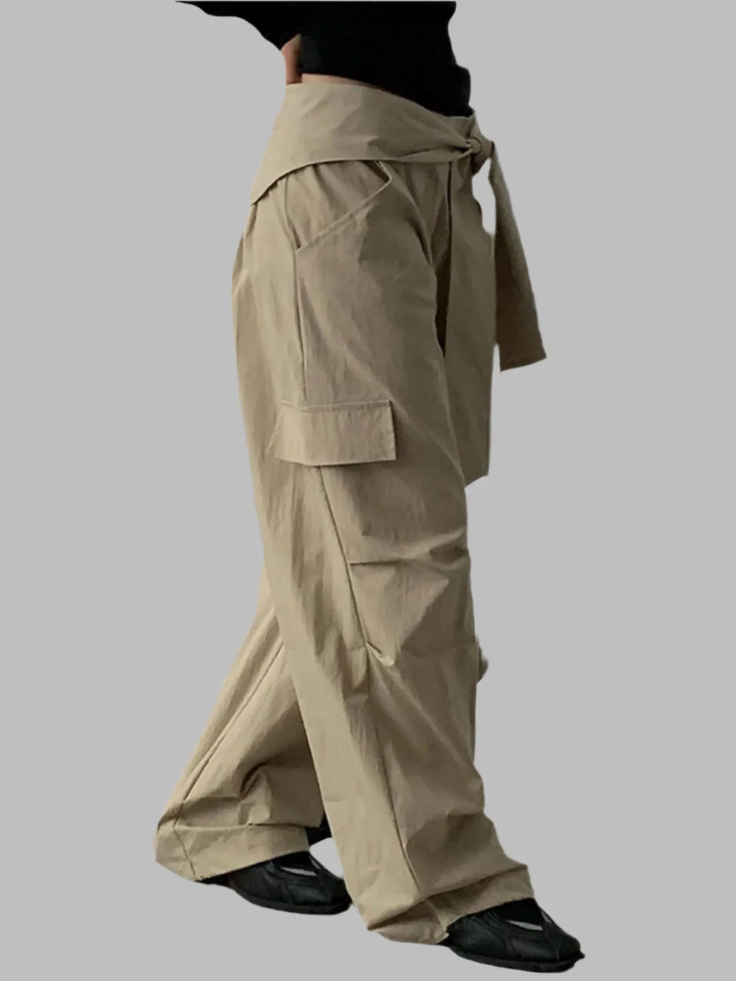 Beige Tie Up Parachute Pant