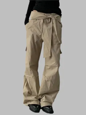 Beige Tie Up Parachute Pant