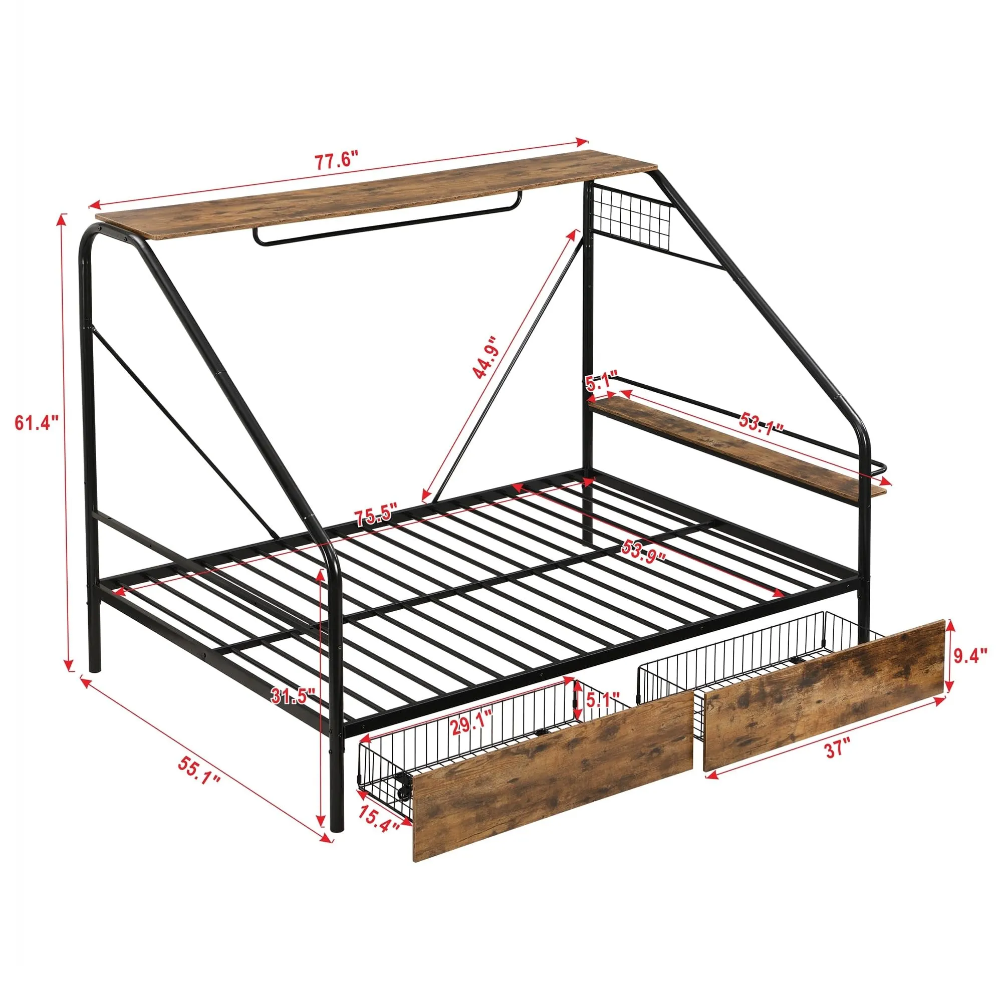 Black Full Size Metal Frame Platform Bed with Clothes Rack Kids