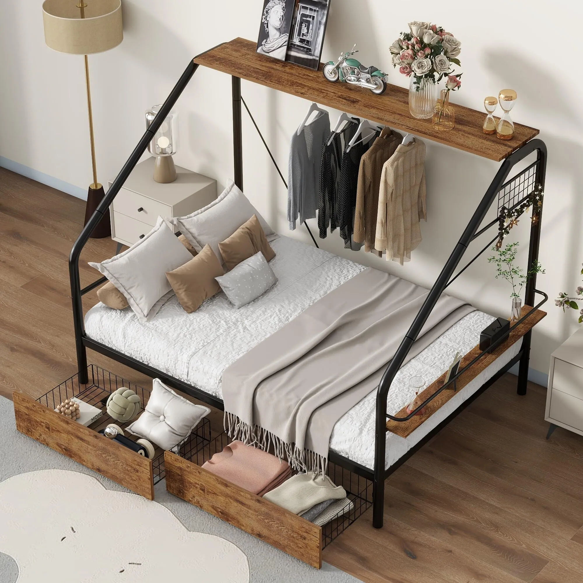 Black Full Size Metal Frame Platform Bed with Clothes Rack Kids