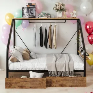 Black Full Size Metal Frame Platform Bed with Clothes Rack Kids