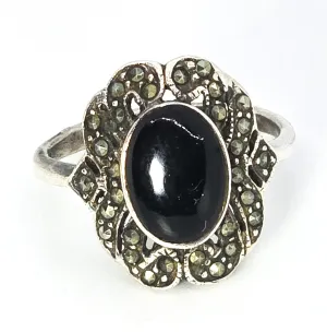 Black onyx and marcasite vintage sterling silver retro ring size 6.75