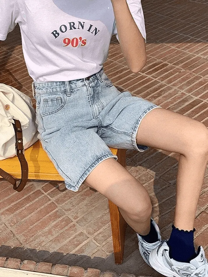 Blue Retro Denim High Waist Shorts with Straight Leg