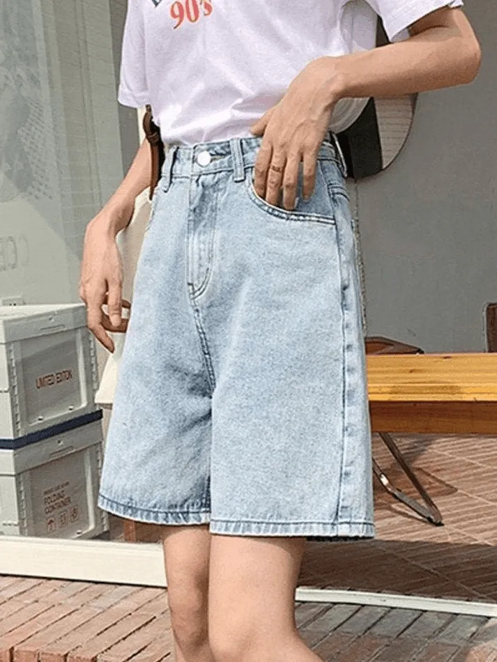 Blue Retro Denim High Waist Shorts with Straight Leg