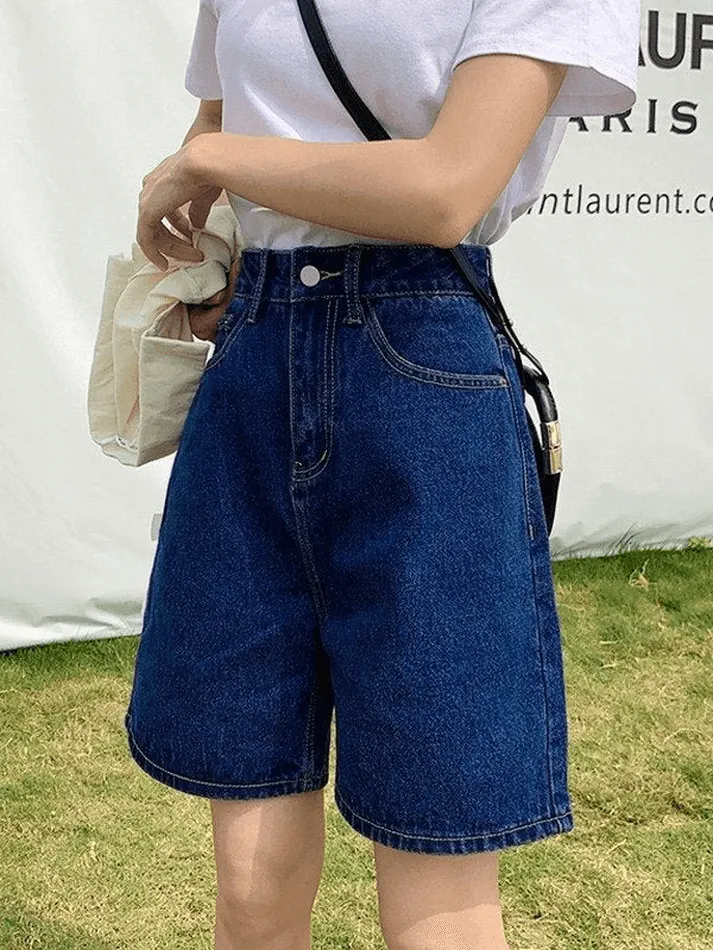 Blue Retro Denim High Waist Shorts with Straight Leg
