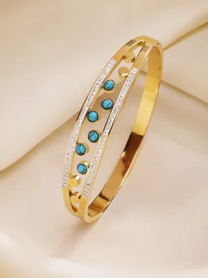 Bohey by KARATCART Gold-Plated Turquoise & Cubic Zirconia Studded Bangle-Style Bracelet for Women