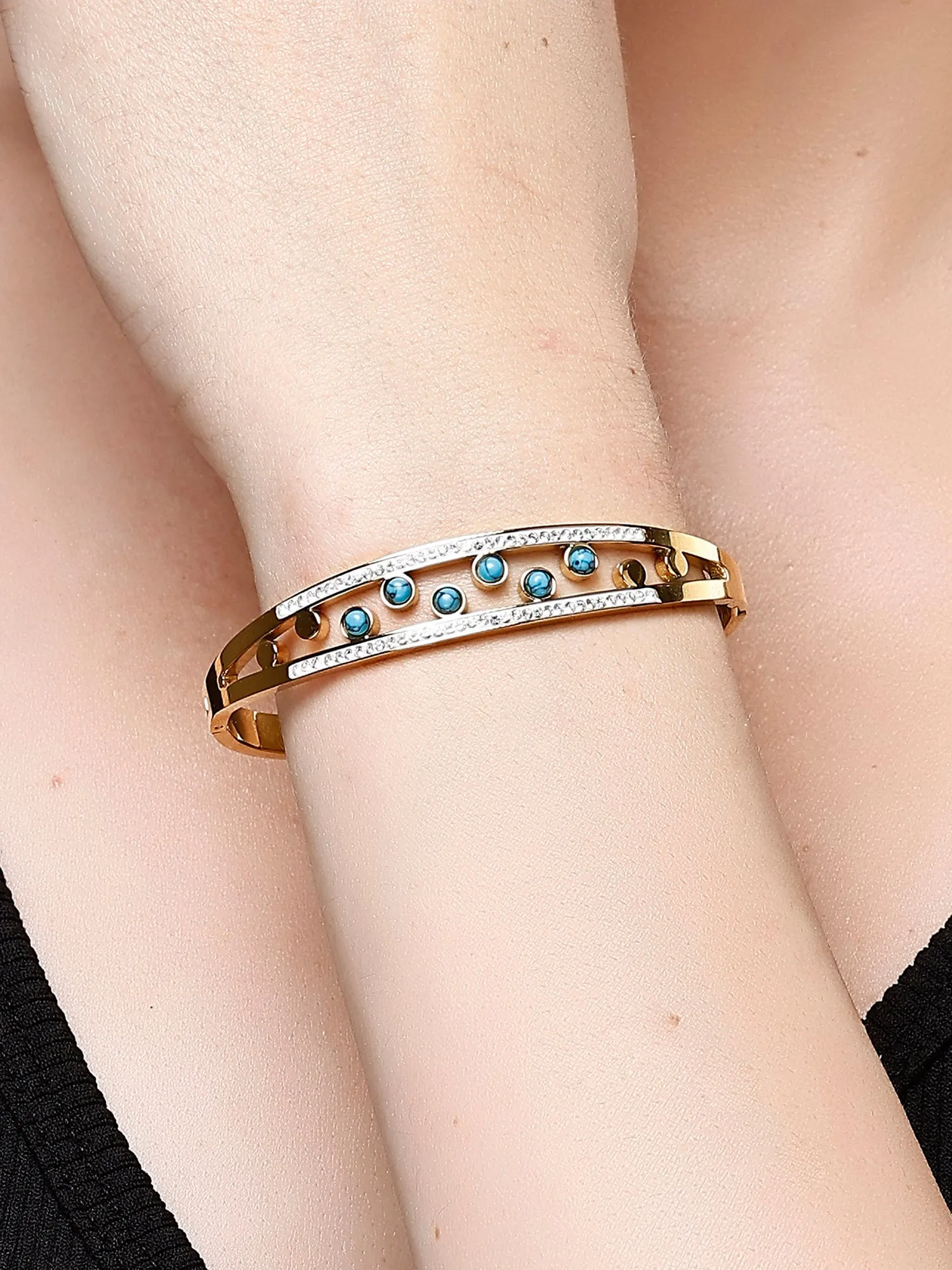Bohey by KARATCART Gold-Plated Turquoise & Cubic Zirconia Studded Bangle-Style Bracelet for Women