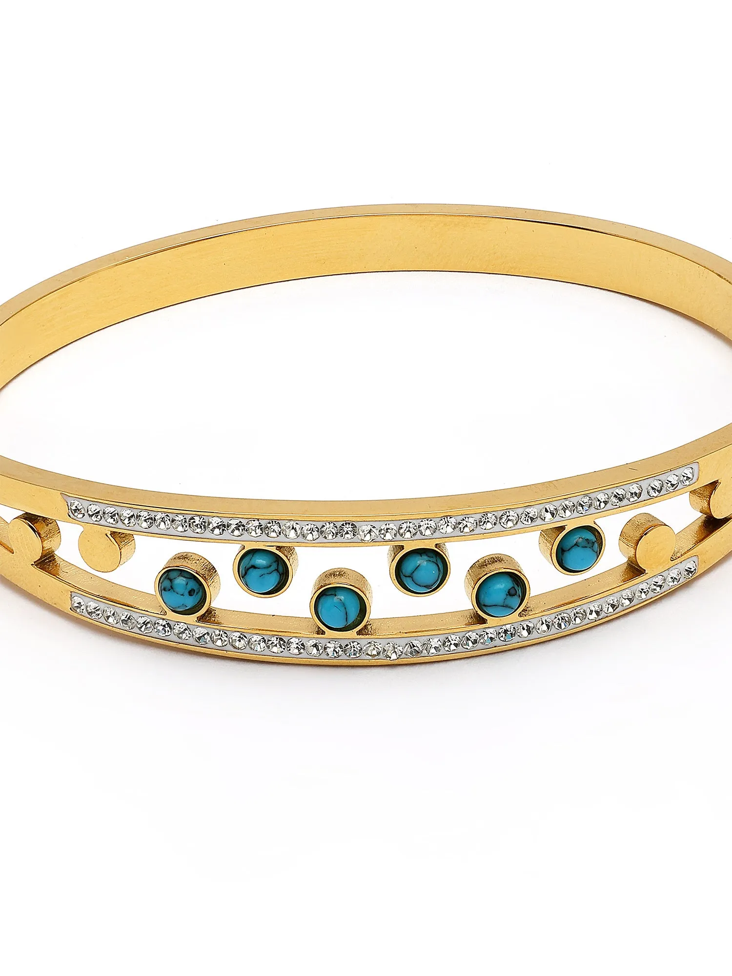 Bohey by KARATCART Gold-Plated Turquoise & Cubic Zirconia Studded Bangle-Style Bracelet for Women